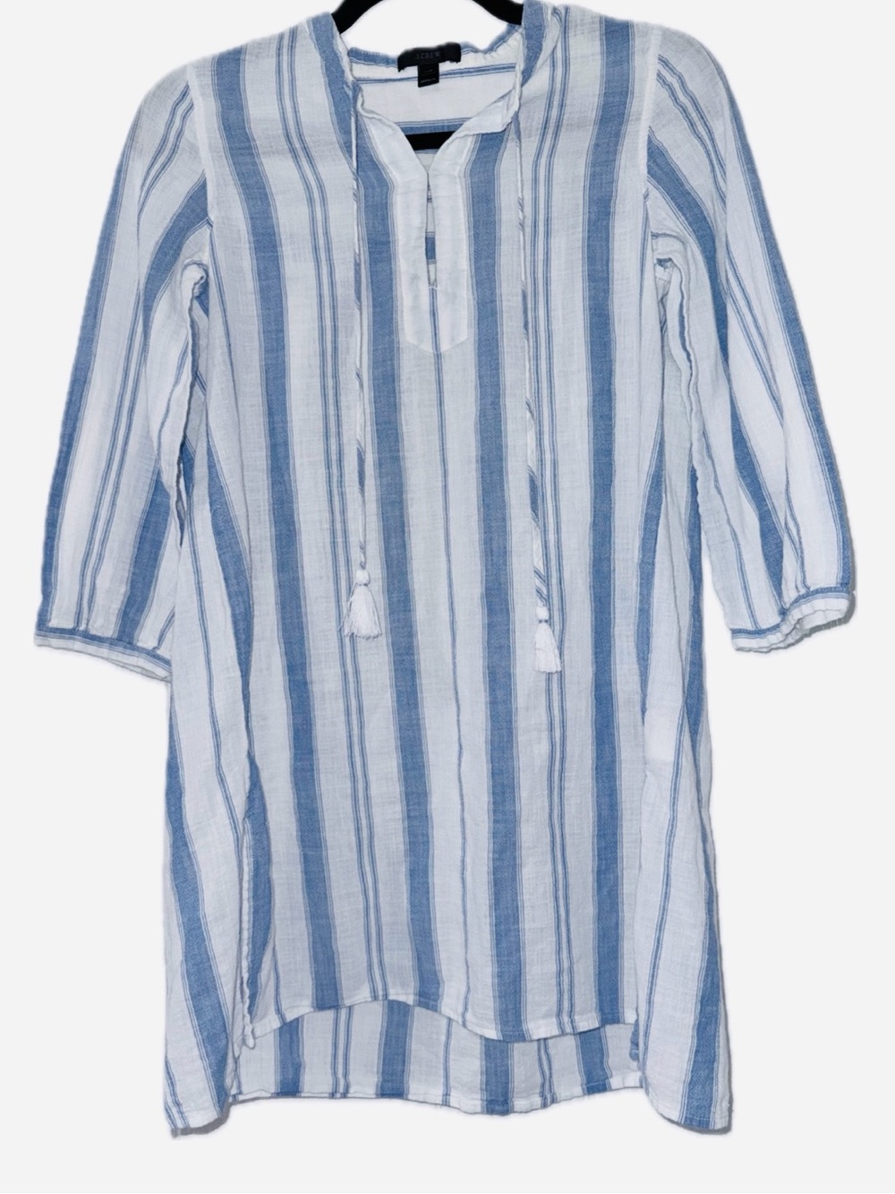 J.CREW Blue White Stripe Cotton Gauze Tunic Top Tassel Beach Coverup‎ | Sz XXS